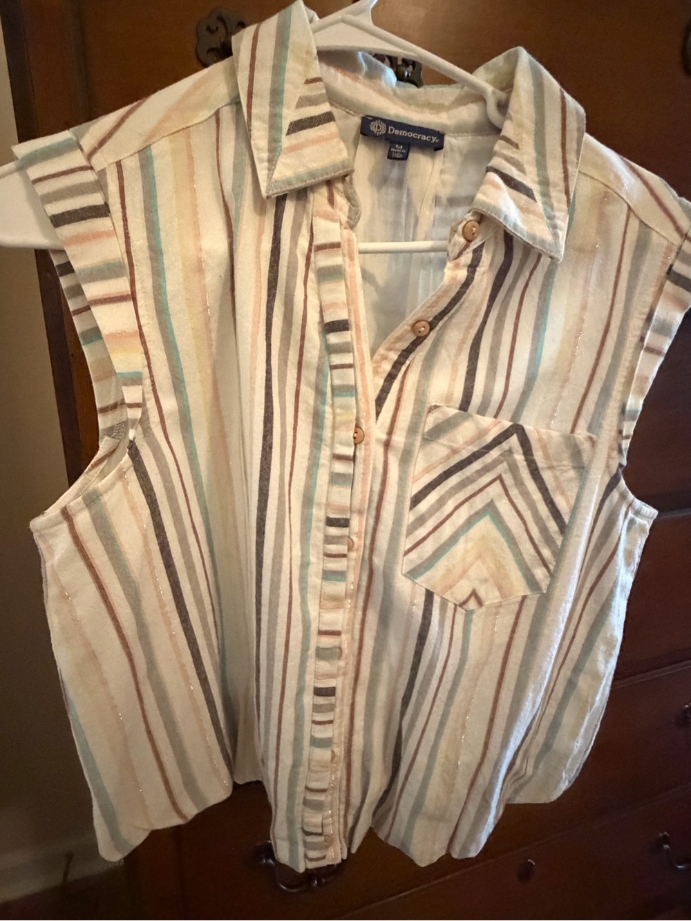 Democracy Lightweight Button-Up Shirt in Cream with Mint and Peach Stripes